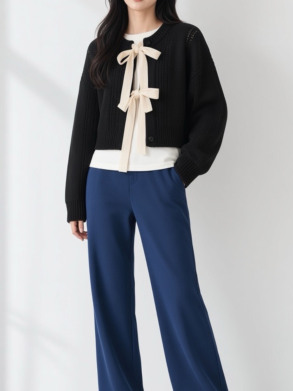 Black Cropped Knit Cardigan 20% Wool - Cable&openwork detail - Cream Ribbon Ties